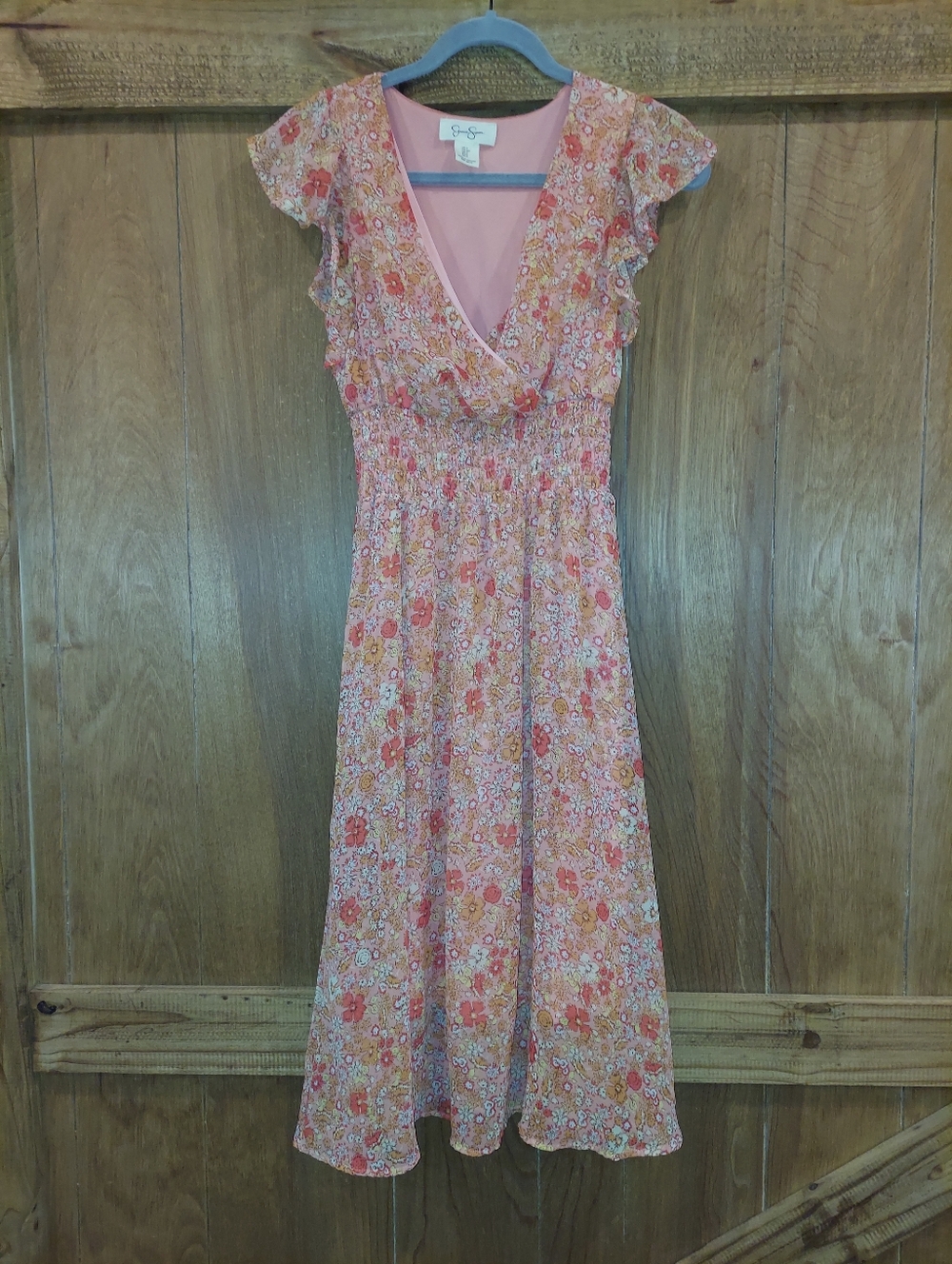 Jessica Simpson Women's Floral Midi Dress Pink/Orange V-neckline Flutter Sleeve